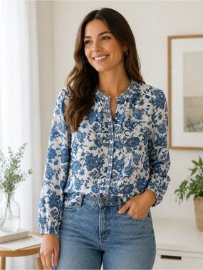 Lucky Brand Blue Floral Button-Front Blouse